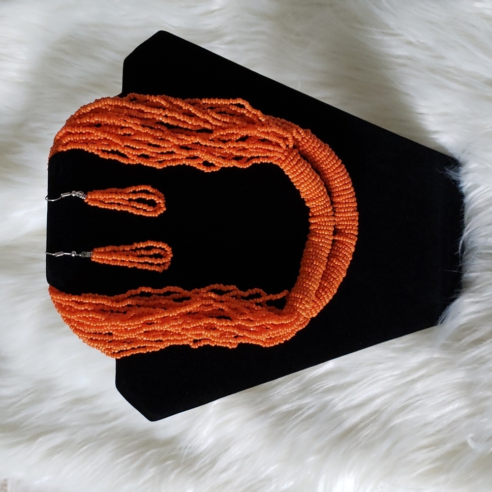 Orange Beaded Necklace and Earrings